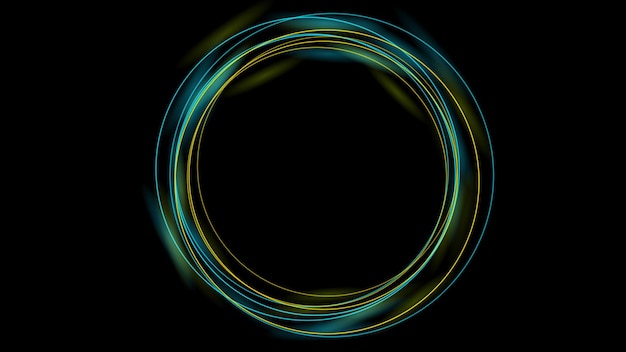 Blue yellow neon glowing rings abstract background