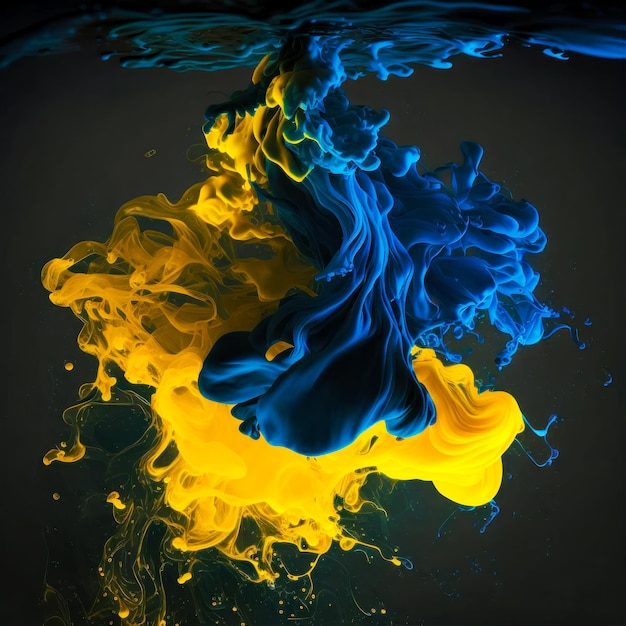 Blue yellow paint spreads underwater Generative AI