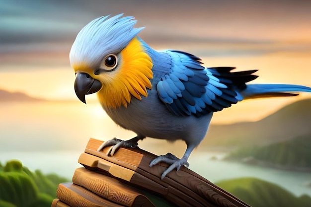 A blue and yellow parrot with a yellow head and blue feathers stands on a wooden platform.