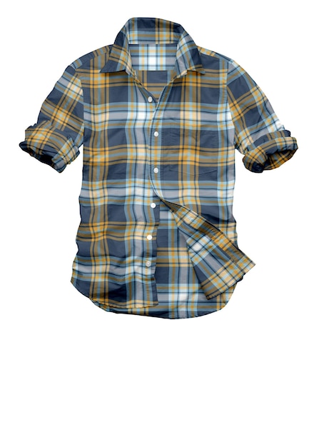 A blue and yellow plaid shirt is hanging on a white background.