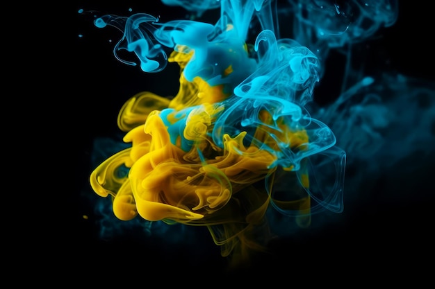 Blue and yellow substance floating in the air with smoke coming out of it Generative AI