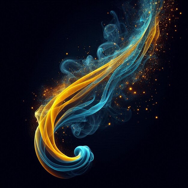 Photo a blue and yellow swirl of fire and gold smoke