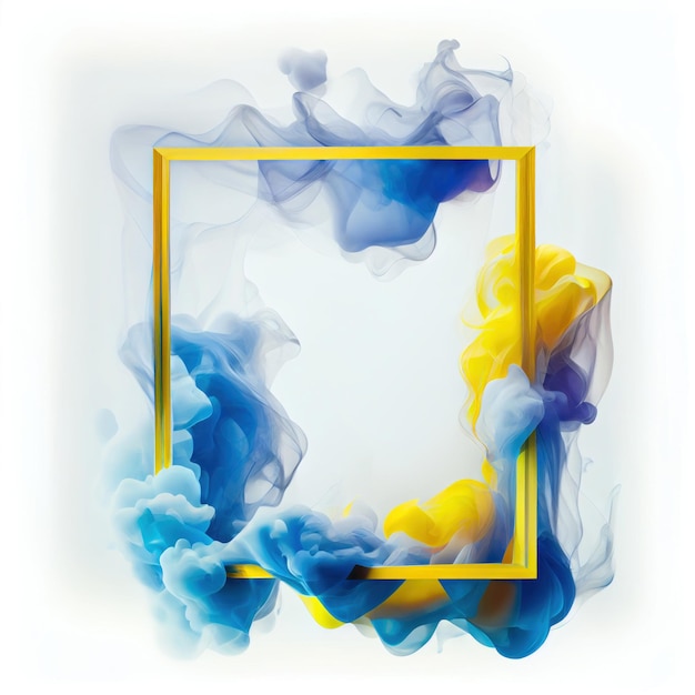 Blue and yellow swirling smoke square frame isolated on white background