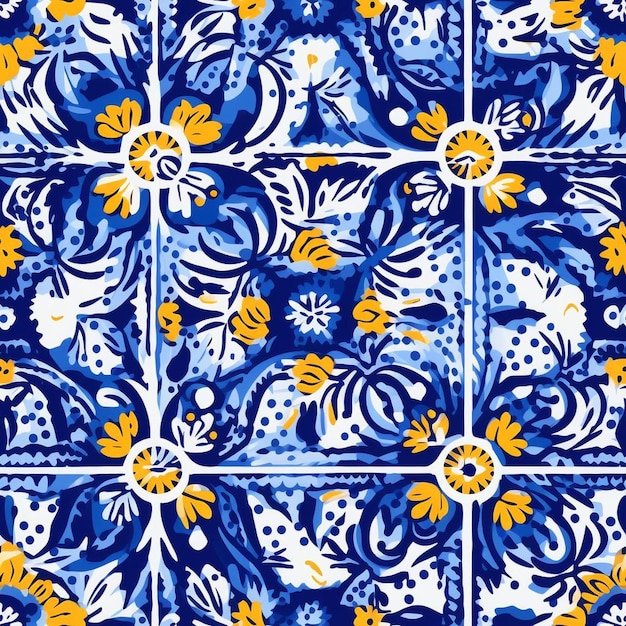 A blue and yellow tile with the yellow flowers.