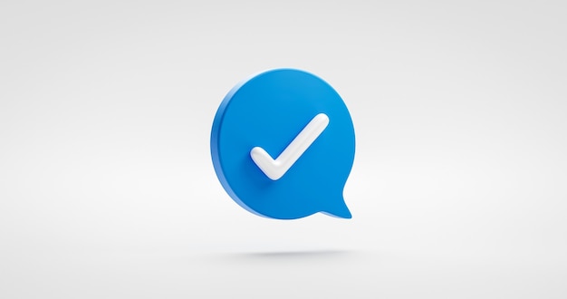 Blue yes check mark icon symbol or tick ok correct button and illustration choice sign isolated on white checkmark background with  approved speech bubble checklist flat design concept. 3D rendering.