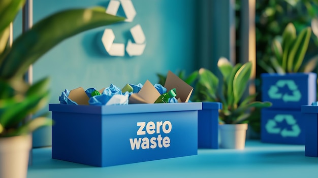 Photo blue zero waste bins with green plants promoting ecofriendly practices and sustainability