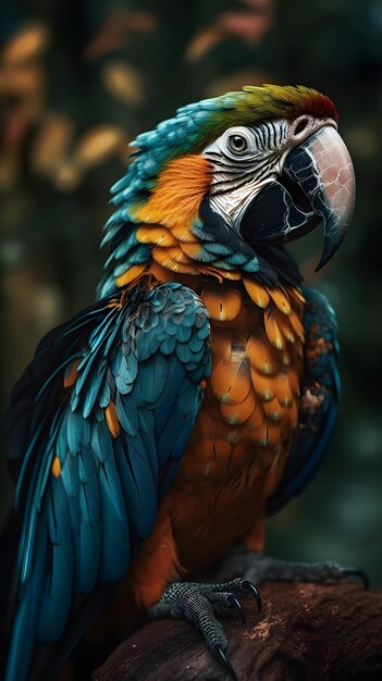 A blueandyellow macaw portrait sitting on a branch