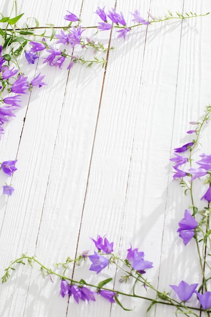 Bluebell flowers on white wooden background