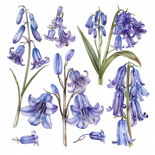 bluebells botanical elements isolated on white background