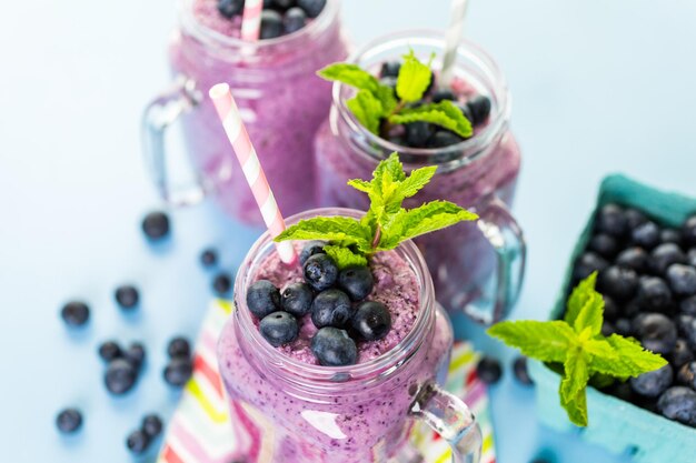 Blueberrie smoothie made with fresh organic blueberries and plain yogurt.