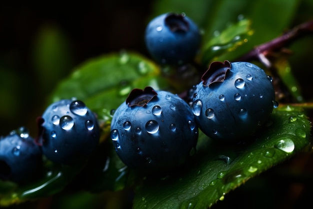 Blueberries are on a green leaf with the word blue on the side