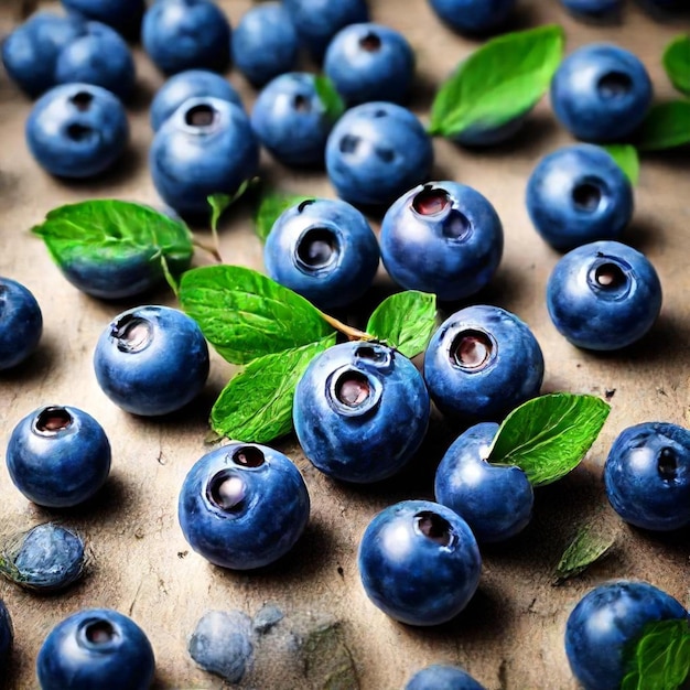 blueberries are on a towel with green leaves