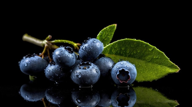 Blueberries on a black background with a green leaf