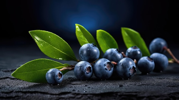 Blueberries on a black background with green leaves