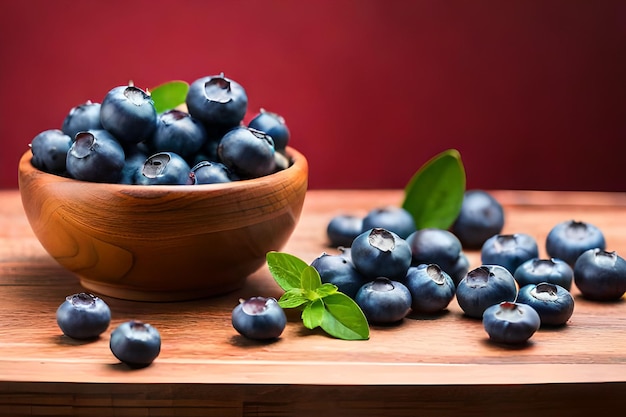 Blueberries in a bowl with leaves on the table