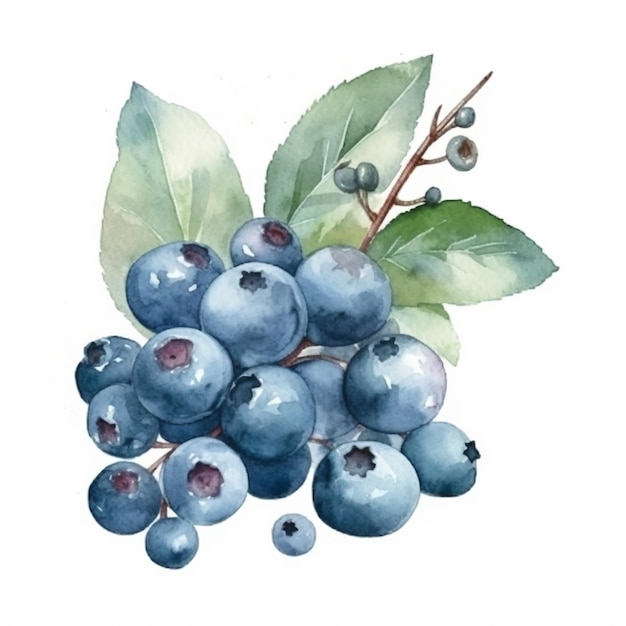 Blueberries on a branch watercolor painting