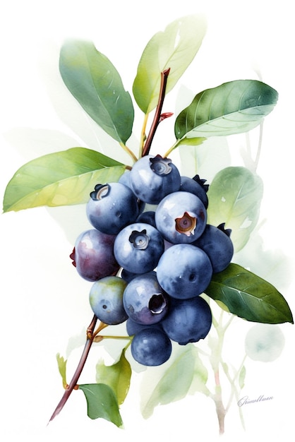 Blueberries on a branch with leaves