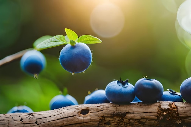 Blueberries on a branch with the sun behind them.