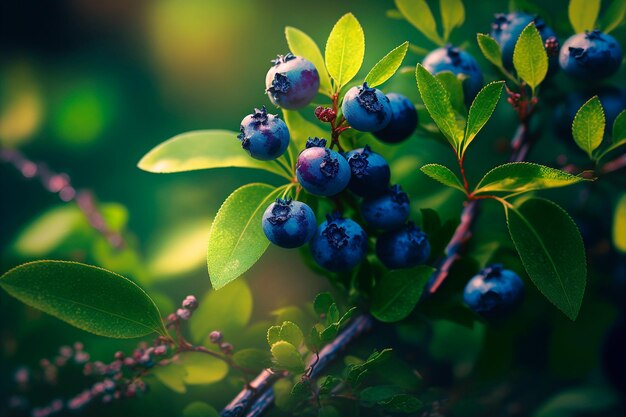 Blueberries on a bush in the forest Generative AI