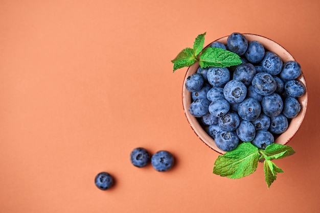 Blueberries in a ceramic bowl on an orange background View from above