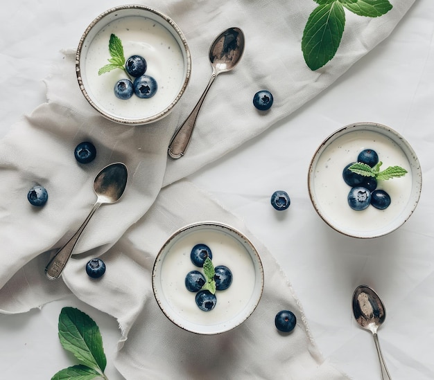 Photo blueberries in greek yogurt with mint leaves on the side and small bowls around it