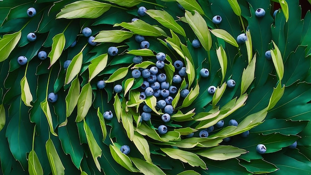 Blueberries and Green Leaves in a Swirling Wave Isolated on Background