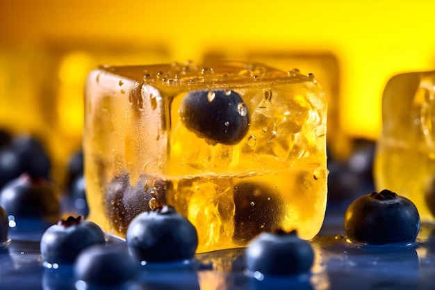 Blueberries and ice cubes on a table