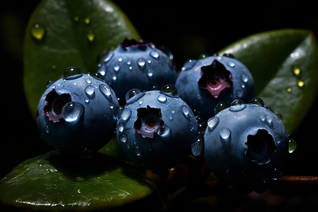 Blueberries on a leaf with water drops