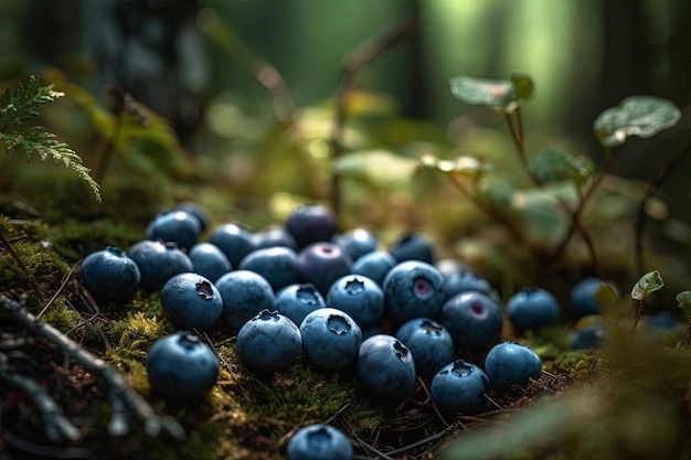 Blueberries rests on forest floor surrounded by fallen leaves and twigs natural environment