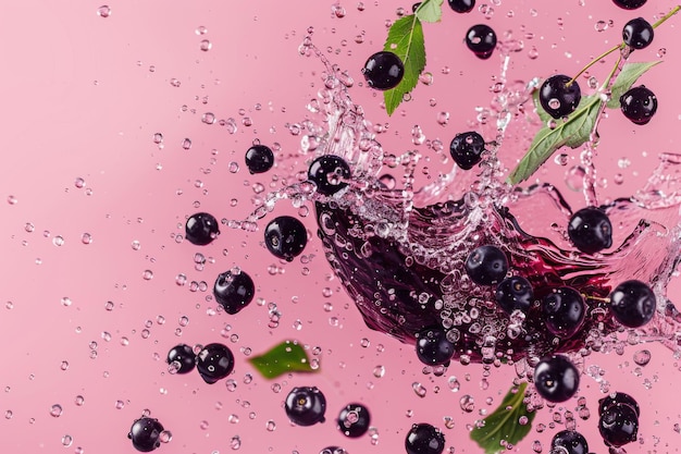 Photo blueberries splashing into a refreshing glass of purple juice creating a vibrant and juicy berry