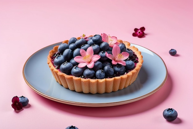 Blueberries tart decorated with alstroemeria flower against pink background