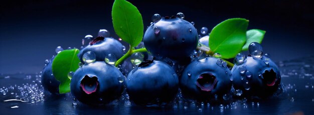 Blueberries in water drops on a dark background