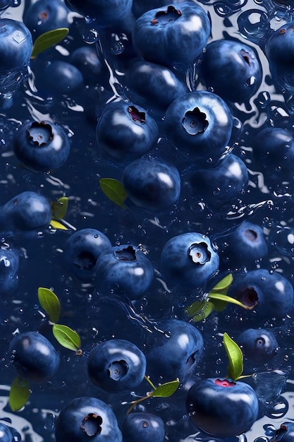 blueberries in water with leaves and water ai generated images