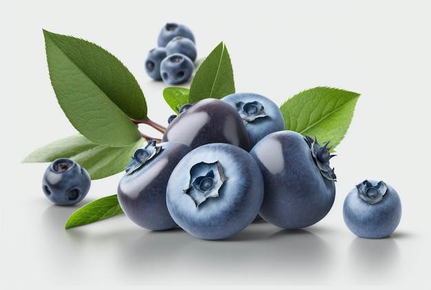 Blueberries with leaves isolated on white background generative ai