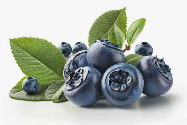 Blueberries with leaves isolated on white background generative ai