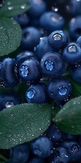 Blueberries with water drops on a green leaf