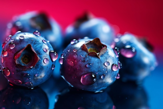 Blueberries with water drops on a red background