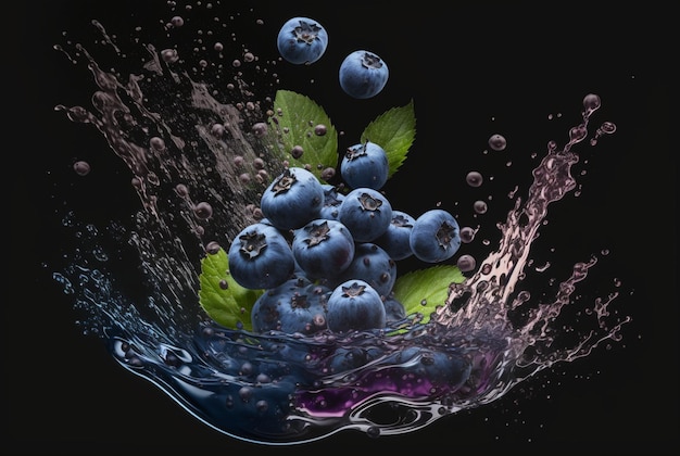 Blueberries with water splash isolated on black background generative ai