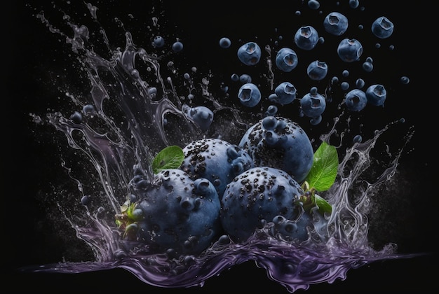 Blueberries with water splash isolated on black background generative ai