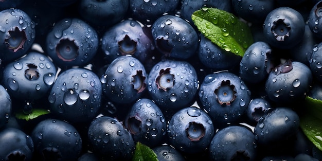 Blueberry background decorated with shiny water droplets Topdown view Illustration AI generation