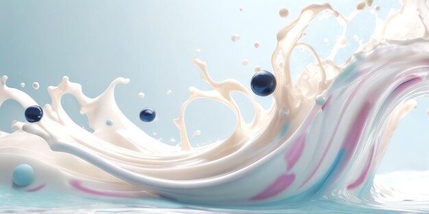 Photo blueberry background in waves and splashes of multicolored milk