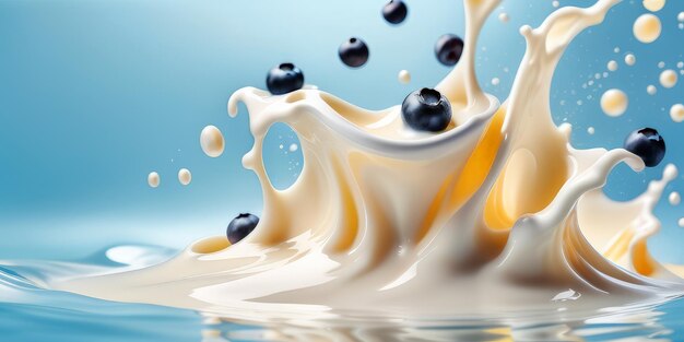 Photo blueberry background in waves and splashes of multicolored milk