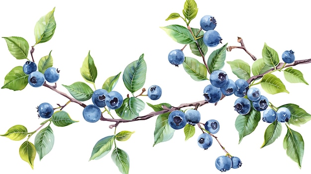 A blueberry branch with green leaves and blueberries on a white background