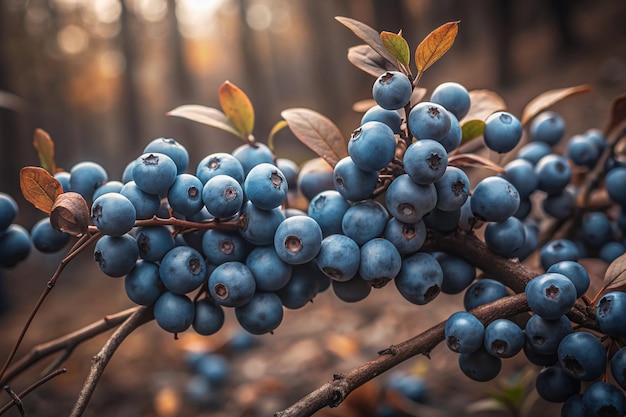 Blueberry on a branch with leaves in the forest