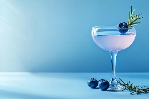 Blueberry Cocktail with Salt Rim and Rosemary Garnish on a Light Blue Background