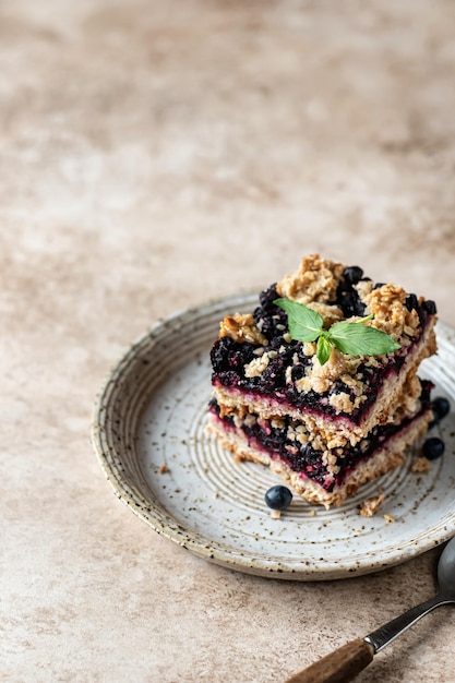 Blueberry crumble bars on a plate decorated with mint Healthy homemade food close up Text space