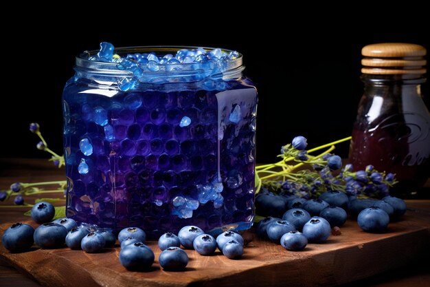 Blueberry honey in a honeycomb shaped container