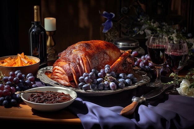 Blueberry and honey mustard glazed ham on a platter