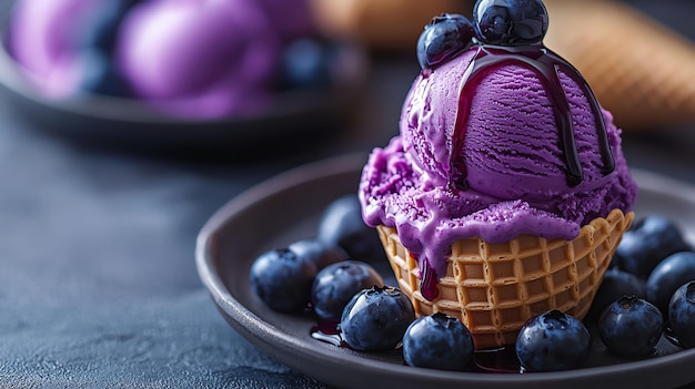 a blueberry ice cream cone sits on a plate with a plate of ice cream cones