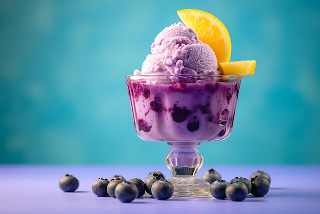 Blueberry ice cream in a glass cup on a blue background